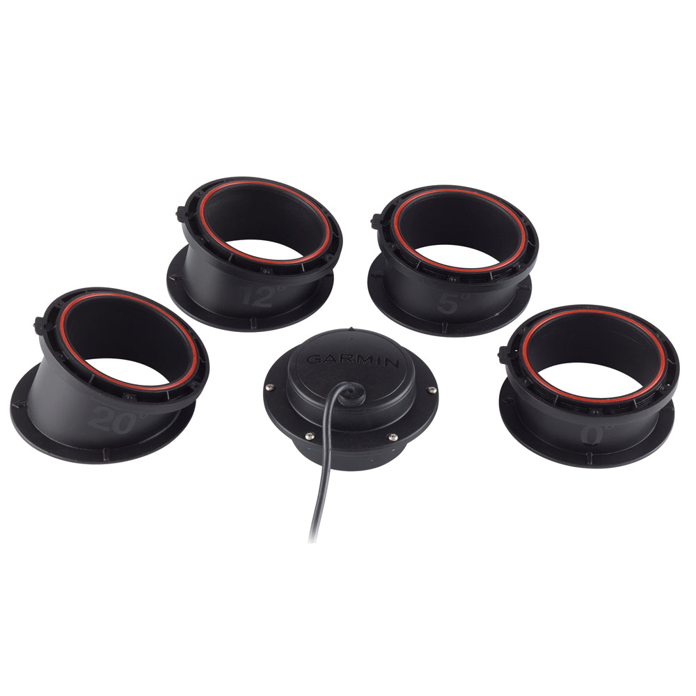Garmin marine transducer mounts with 0°, 5°, 12°, and 20° angles for boat installation