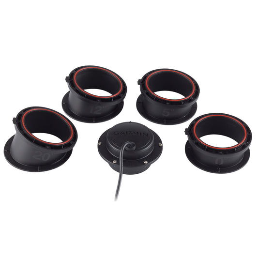 Garmin marine transducer mounts with 0°, 5°, 12°, and 20° angles for boat installation
