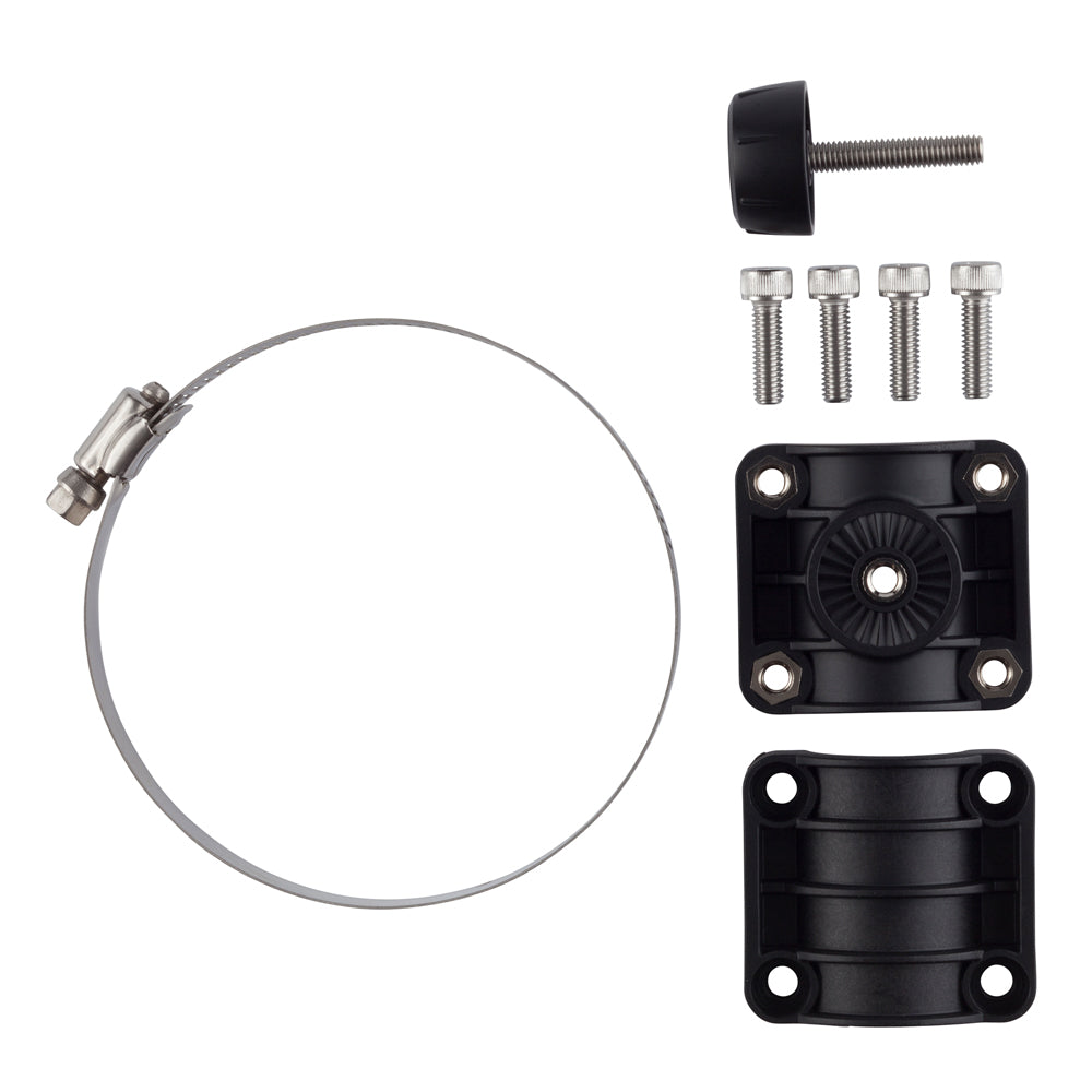 Stainless steel hose clamp and black plastic mounting brackets with screws for auto audio installation