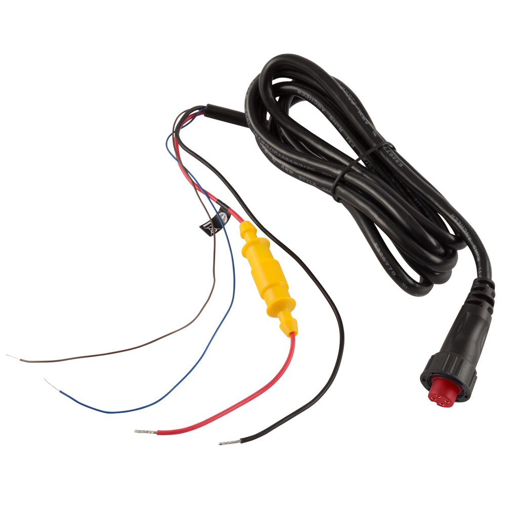 Black wiring harness with red, blue, brown wires, yellow fuse, and connector for car audio installation