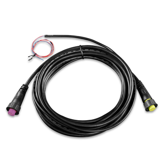 Coiled black audio cable with purple and yellow connectors for car audio installation