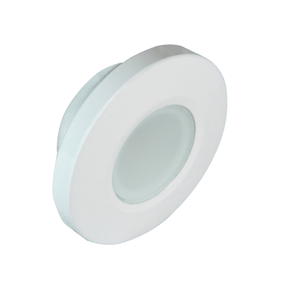 White circular LED puck light for auto or residential use, sleek design, recessed installation