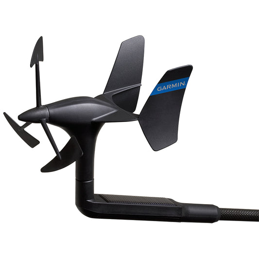 Garmin marine wind sensor with black housing and blue logo for boat navigation systems