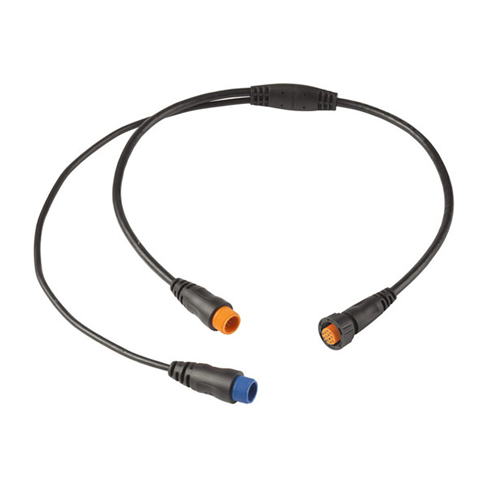 Black audio cable with orange and blue connectors for car stereo installation