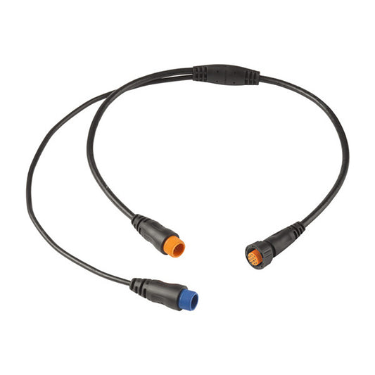 Black audio cable with orange and blue connectors for car stereo installation
