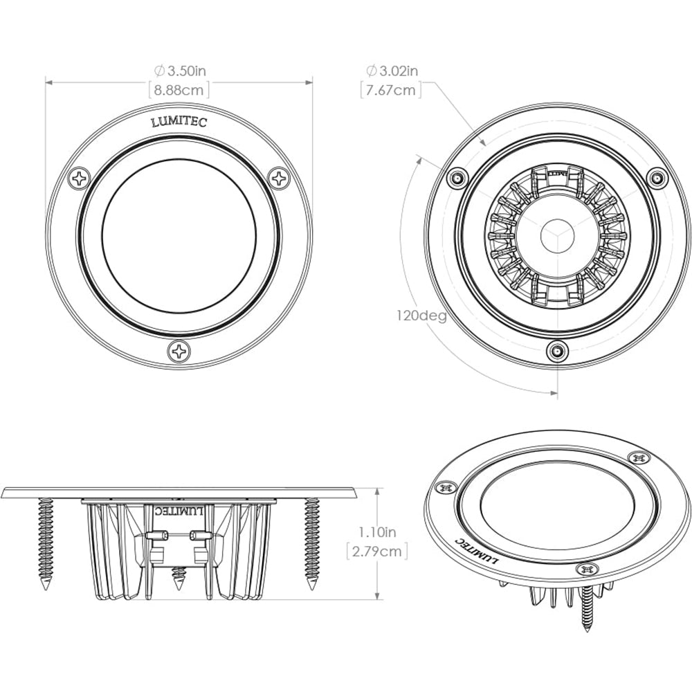 Lumitec marine LED light technical diagram with dimensions and mounting details