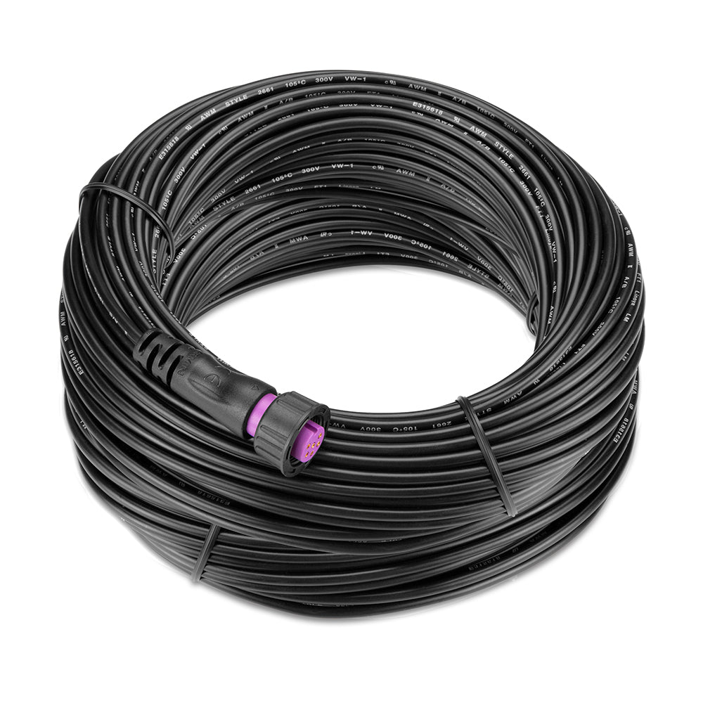 Coiled black audio cable with purple connector, 300V 105°C rated for car audio installation