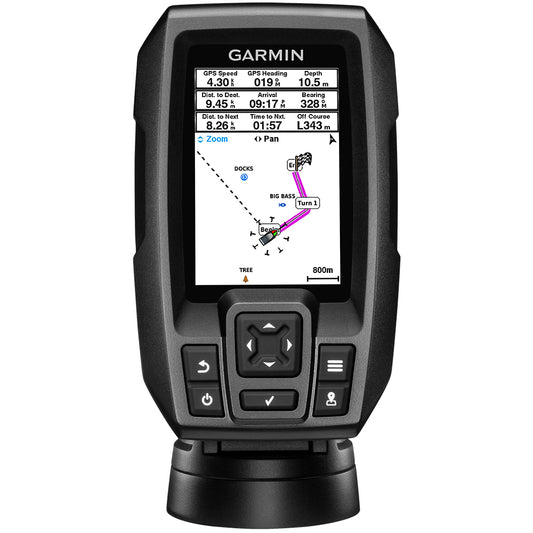 Garmin GPS marine navigator displaying speed, depth, and route map for boating navigation