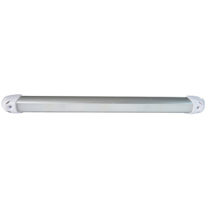 Sleek silver LED light bar with white end caps for auto or commercial installation