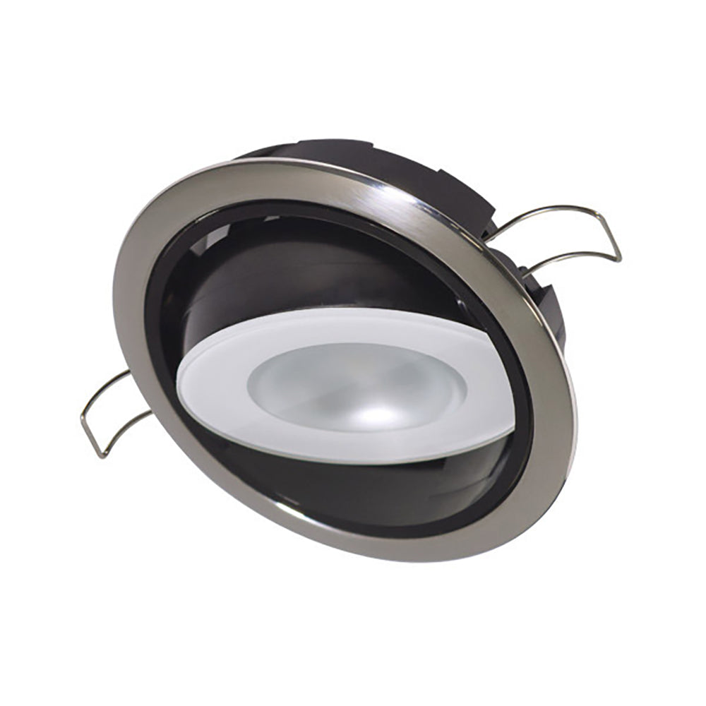LED recessed ceiling light with brushed metal trim and adjustable clips for residential or commercial installation