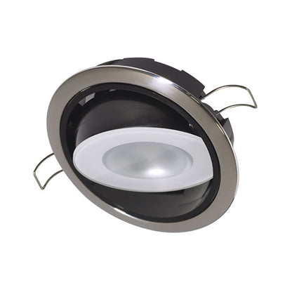 LED recessed ceiling light with brushed metal trim and adjustable clips for residential or commercial installation