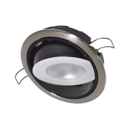 LED recessed ceiling light with brushed metal trim and adjustable clips for residential or commercial installation