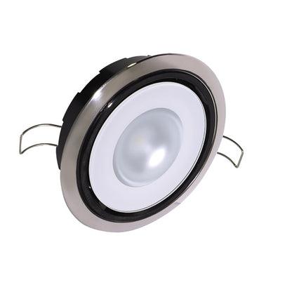 Sleek LED recessed ceiling light with chrome trim and adjustable clips for residential or commercial installation