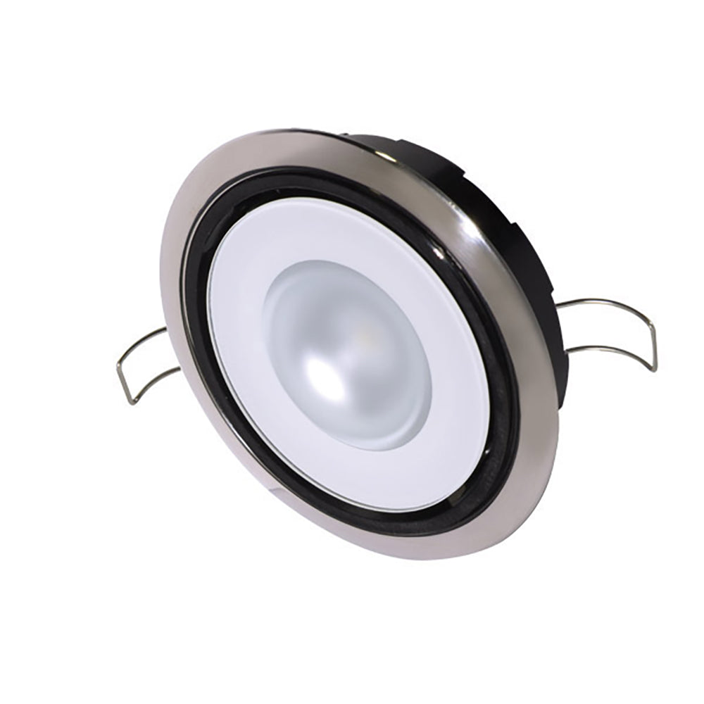 Round LED recessed light with chrome trim and mounting clips for residential or commercial installation
