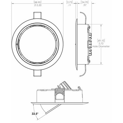 Technical diagram of recessed LED light with dimensions and 33.5° tilt angle for auto or residential installation