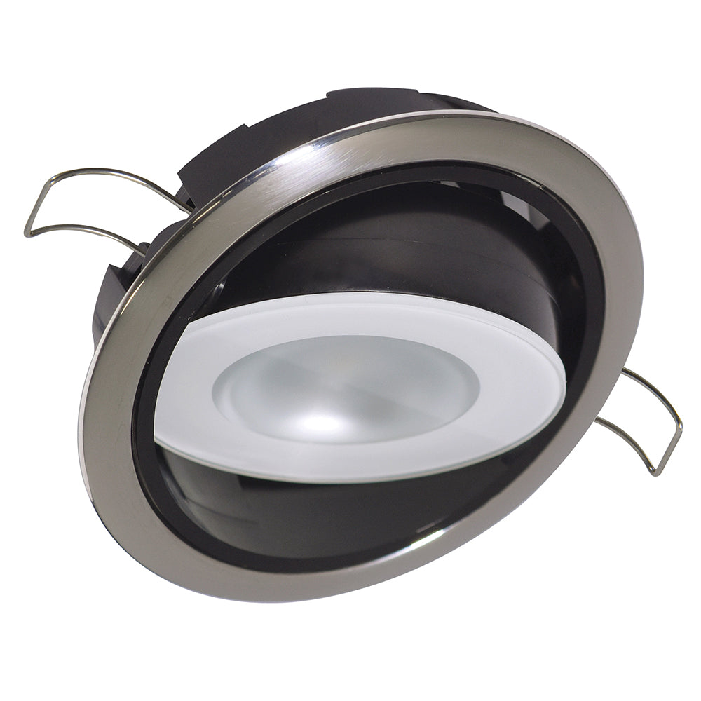 Modern LED recessed ceiling light with brushed metal trim and adjustable clips for residential or commercial installation
