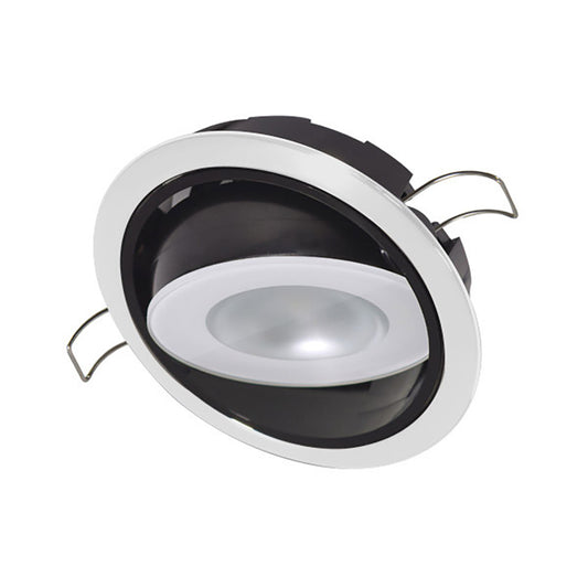 White trim LED recessed ceiling light with black housing and mounting clips