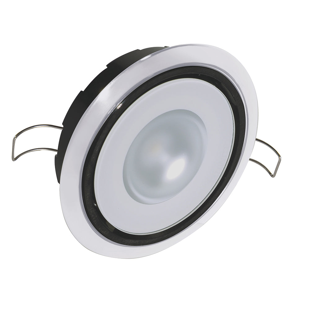 White LED recessed ceiling light with black trim and mounting clips
