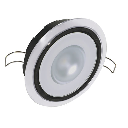 White LED recessed ceiling light with black trim and mounting clips