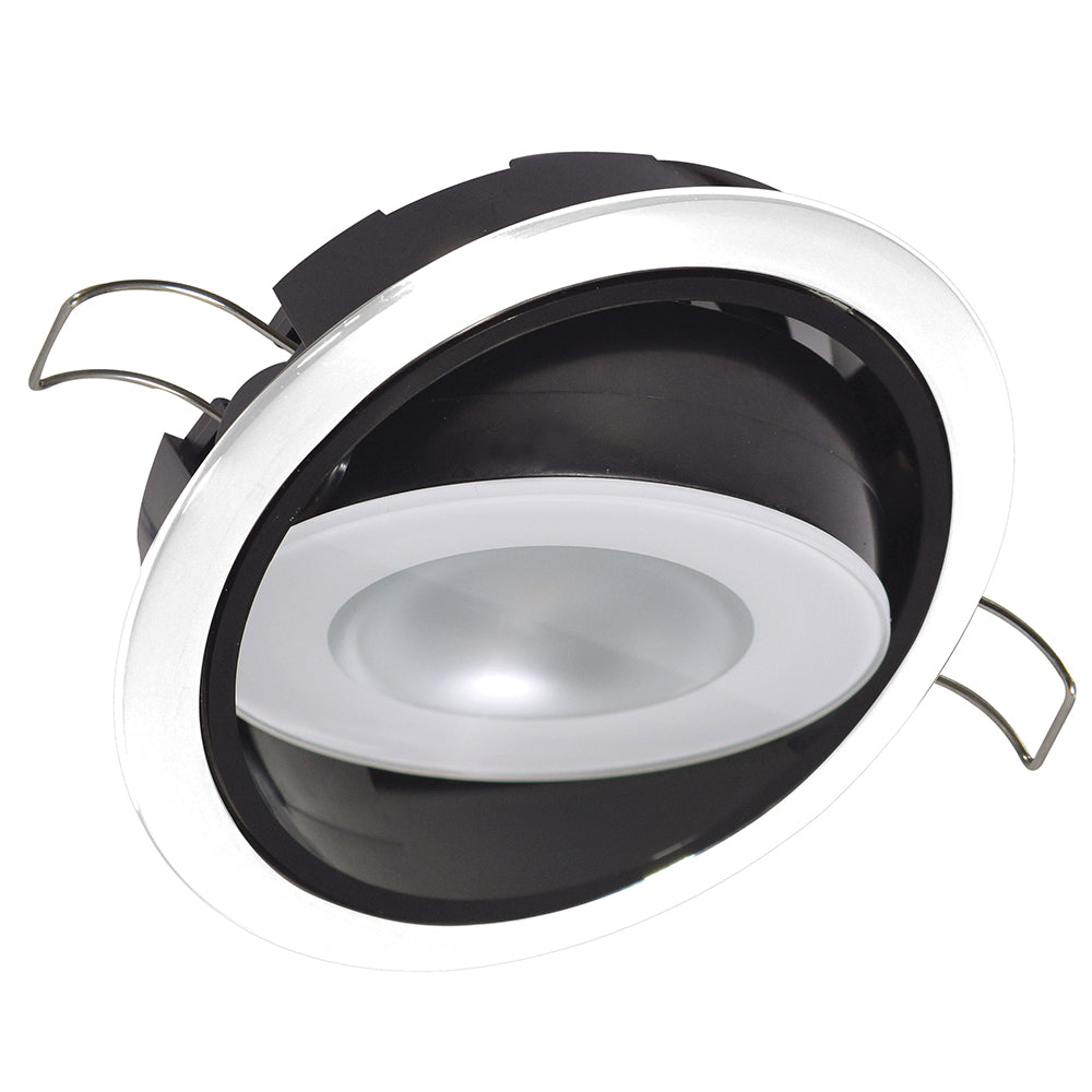 Sleek LED recessed ceiling light with chrome trim and black housing for residential or commercial use