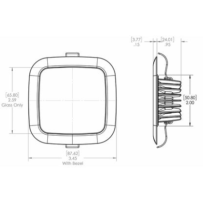 Technical diagram of square LED light with bezel, showing precise dimensions for auto installation