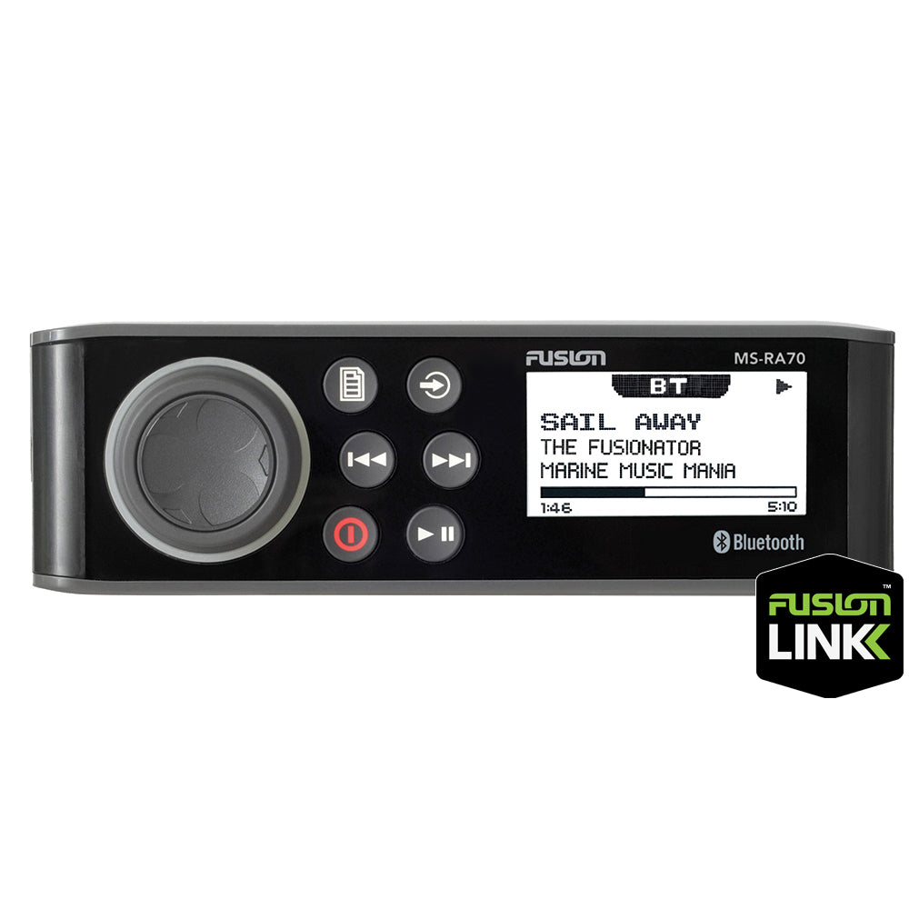 Fusion MS-RA70 marine stereo with Bluetooth, displaying track info and FusionLink logo