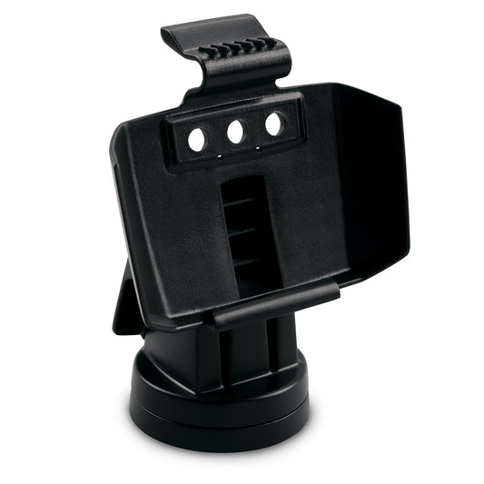 Black car phone mount with adjustable clamp and suction base for dashboard or windshield installation