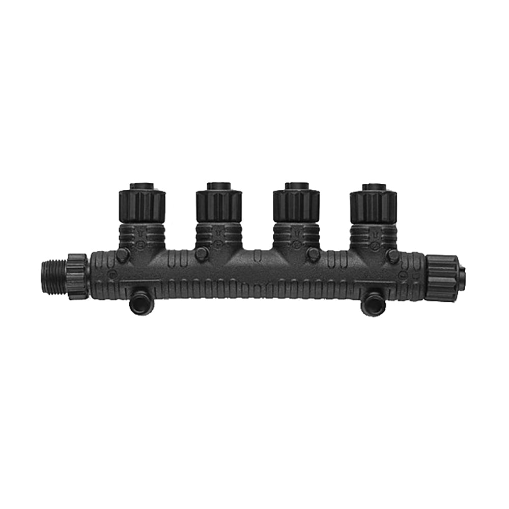 Black 4-way manifold with threaded ports and control knobs for fluid distribution systems