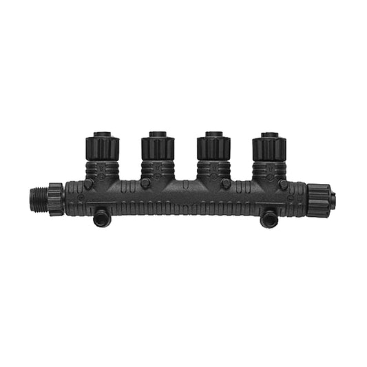 Black 4-way manifold with threaded ports and control knobs for fluid distribution systems