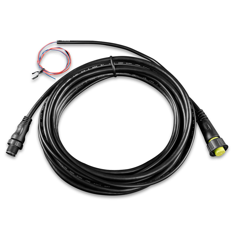 Coiled black marine-grade audio cable with yellow connector and red/blue wires for JL Audio or Alpine systems