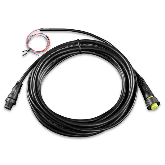 Coiled black marine-grade audio cable with yellow connector and red/blue wires for JL Audio or Alpine systems