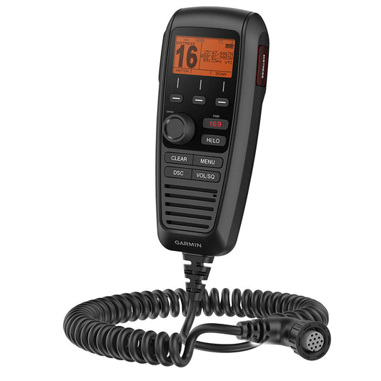 Garmin marine VHF radio with coiled cord, displaying channel 16 and GPS coordinates for boating communication.