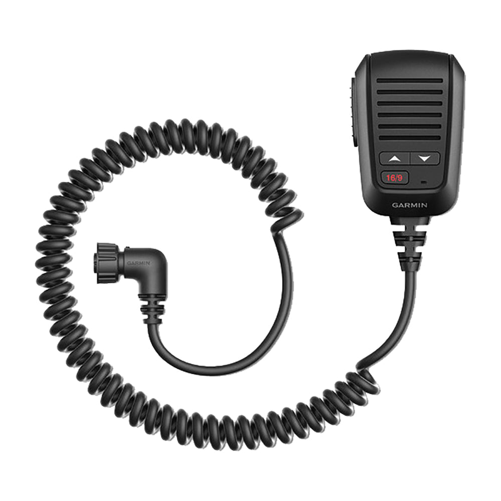 Garmin marine VHF radio microphone with coiled cable and channel display