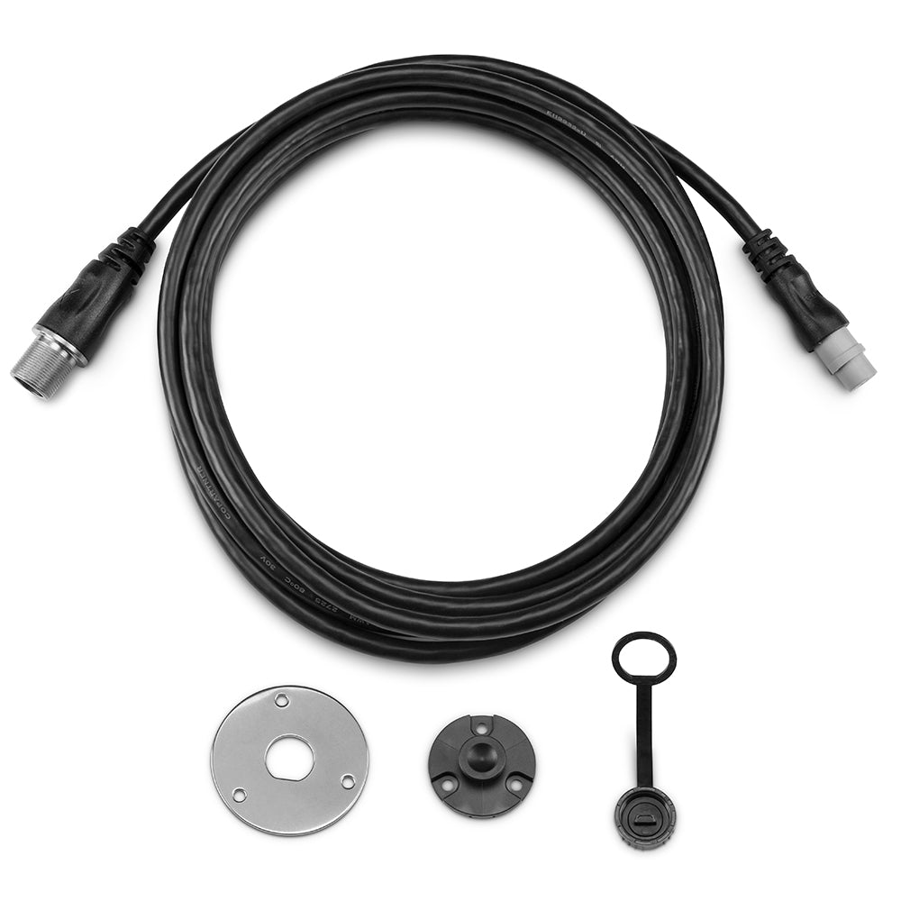 Black audio cable with connectors and mounting hardware for car audio installation