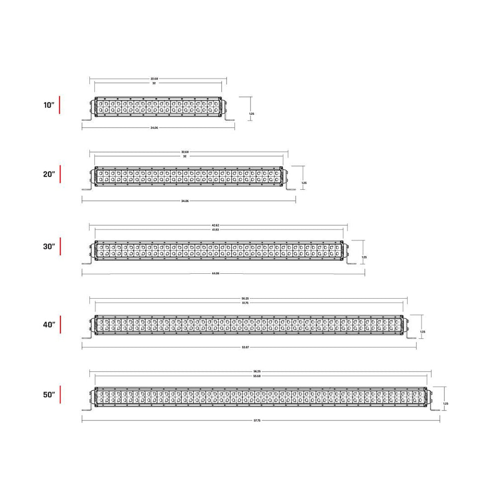 LED light bar sizes 10 to 50 inches with dimensions for off-road vehicle lighting installation