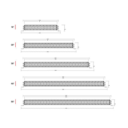 LED light bar sizes 10 to 50 inches with dimensions for off-road vehicle lighting installation
