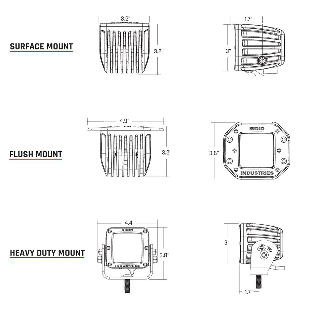 Rigid Industries LED light mounting options: surface, flush, and heavy duty with dimensions