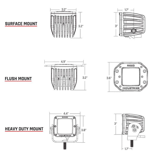 Rigid Industries LED light mounting options: surface, flush, and heavy duty with dimensions