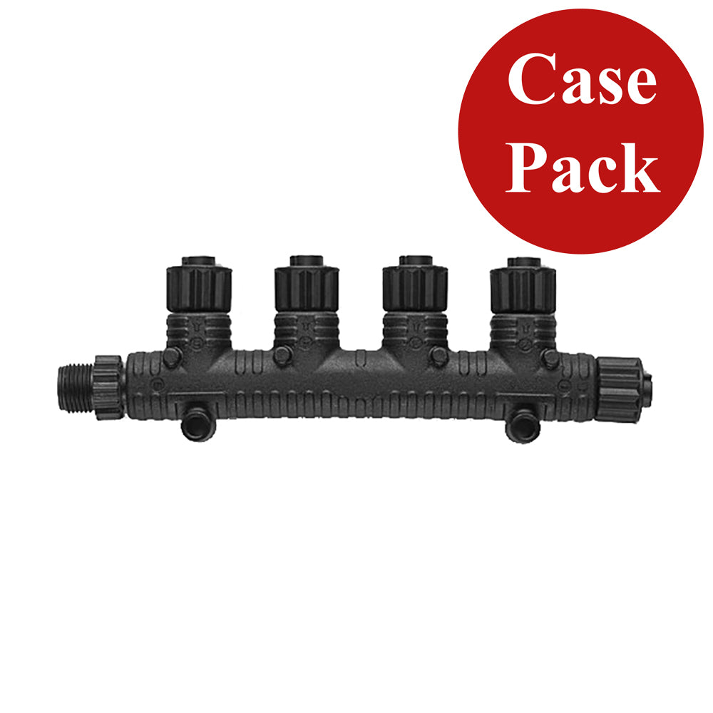 Black 4-outlet manifold with case pack label, ideal for irrigation or fluid control systems