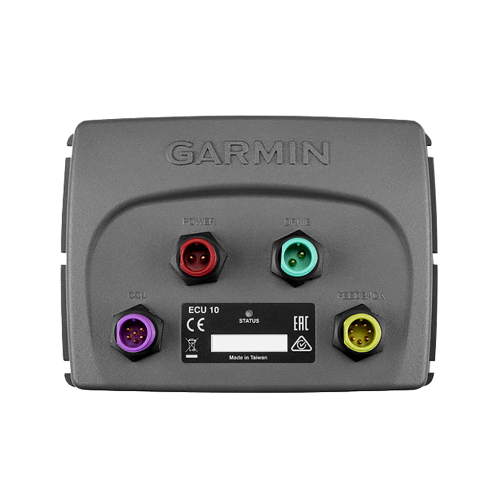 Garmin ECU 10 marine electronics control unit with color-coded ports for power, data, and feedback connections