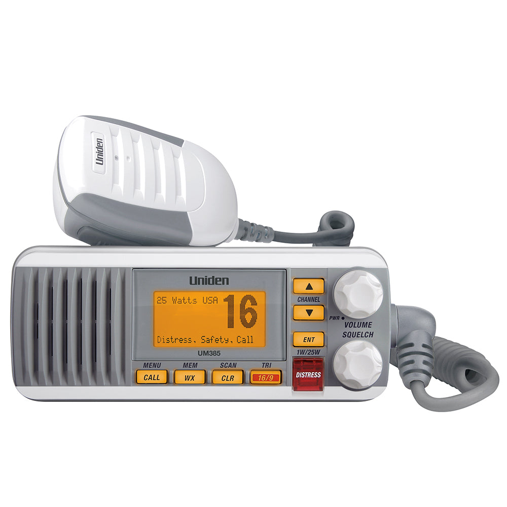 Uniden UM385 marine VHF radio with distress safety call display and 25-watt power