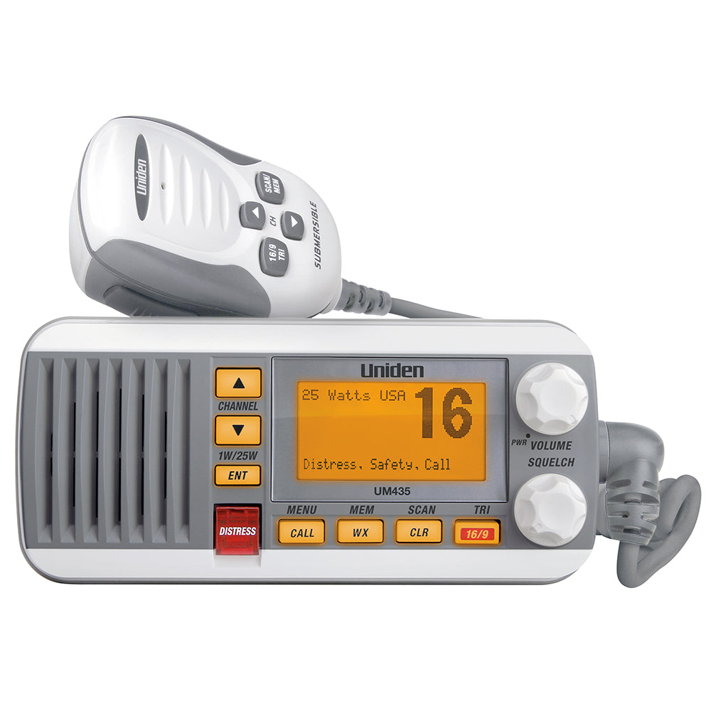 Uniden UM435 marine VHF radio with submersible mic, 25W output, channel 16 distress safety call display