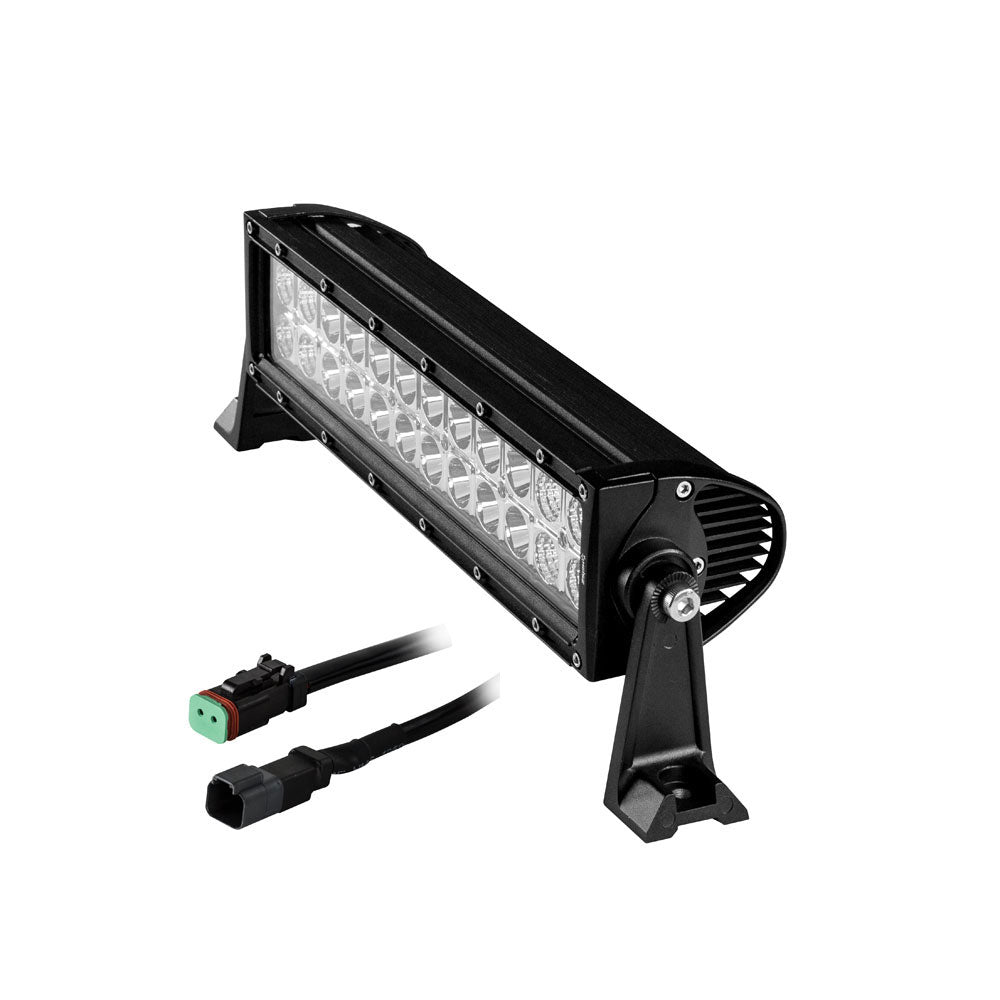 Black LED light bar with mounting bracket and wiring harness for off-road vehicle lighting
