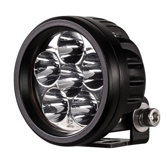Black round LED work light with six bulbs, rugged housing, and mounting bracket for off-road vehicles