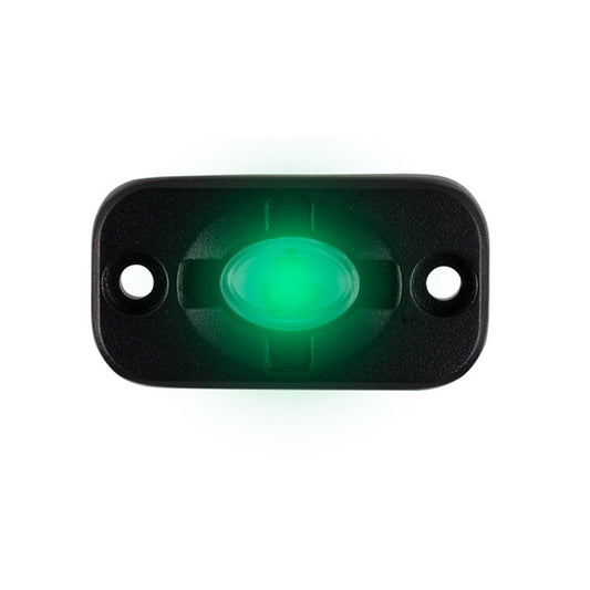 Green LED indicator light with black housing, ideal for auto or marine applications