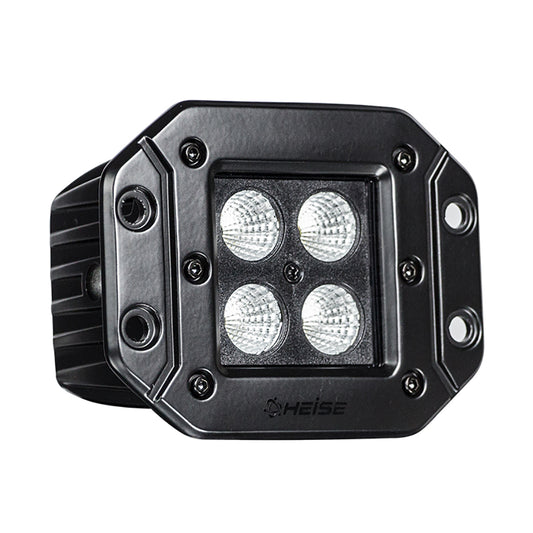Black HEISE LED work light with four circular lenses, rugged off-road lighting for vehicles