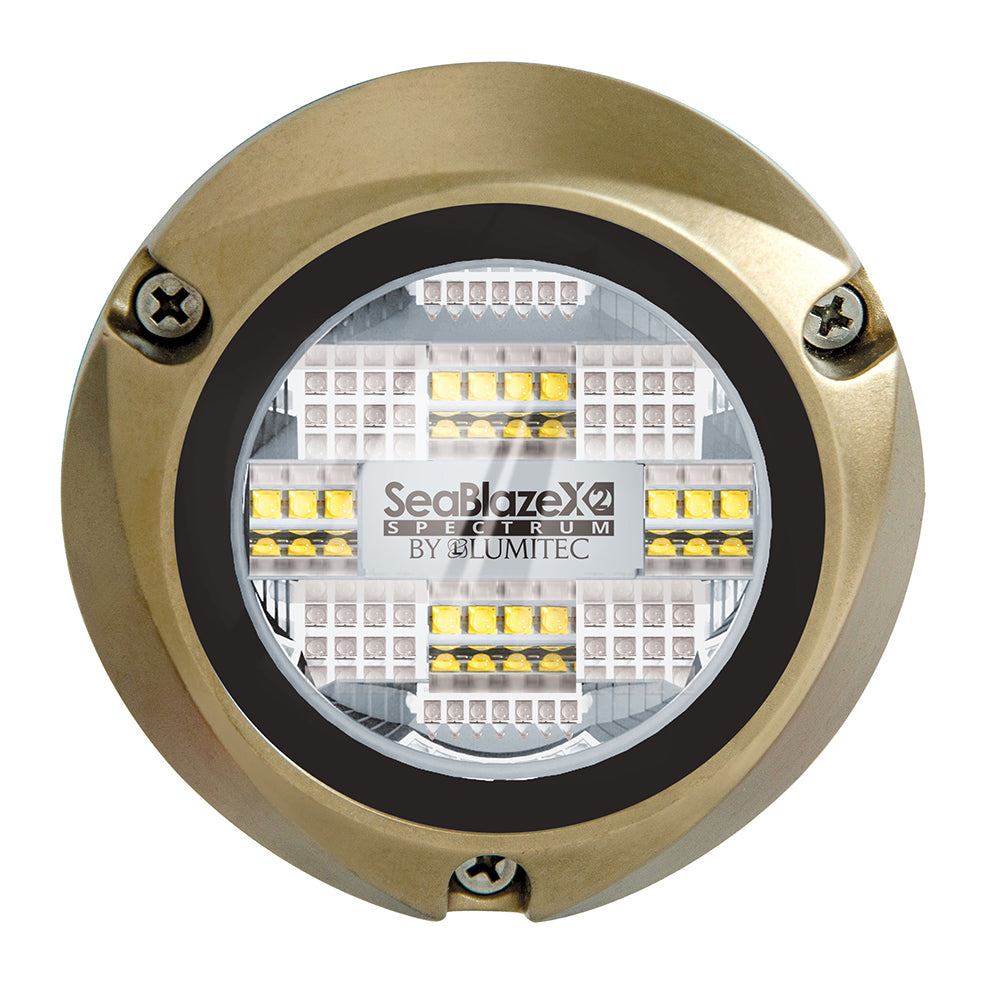 SeaBlazeX2 Spectrum LED marine light by Lumitec, gold bezel, circular design, waterproof boat lighting