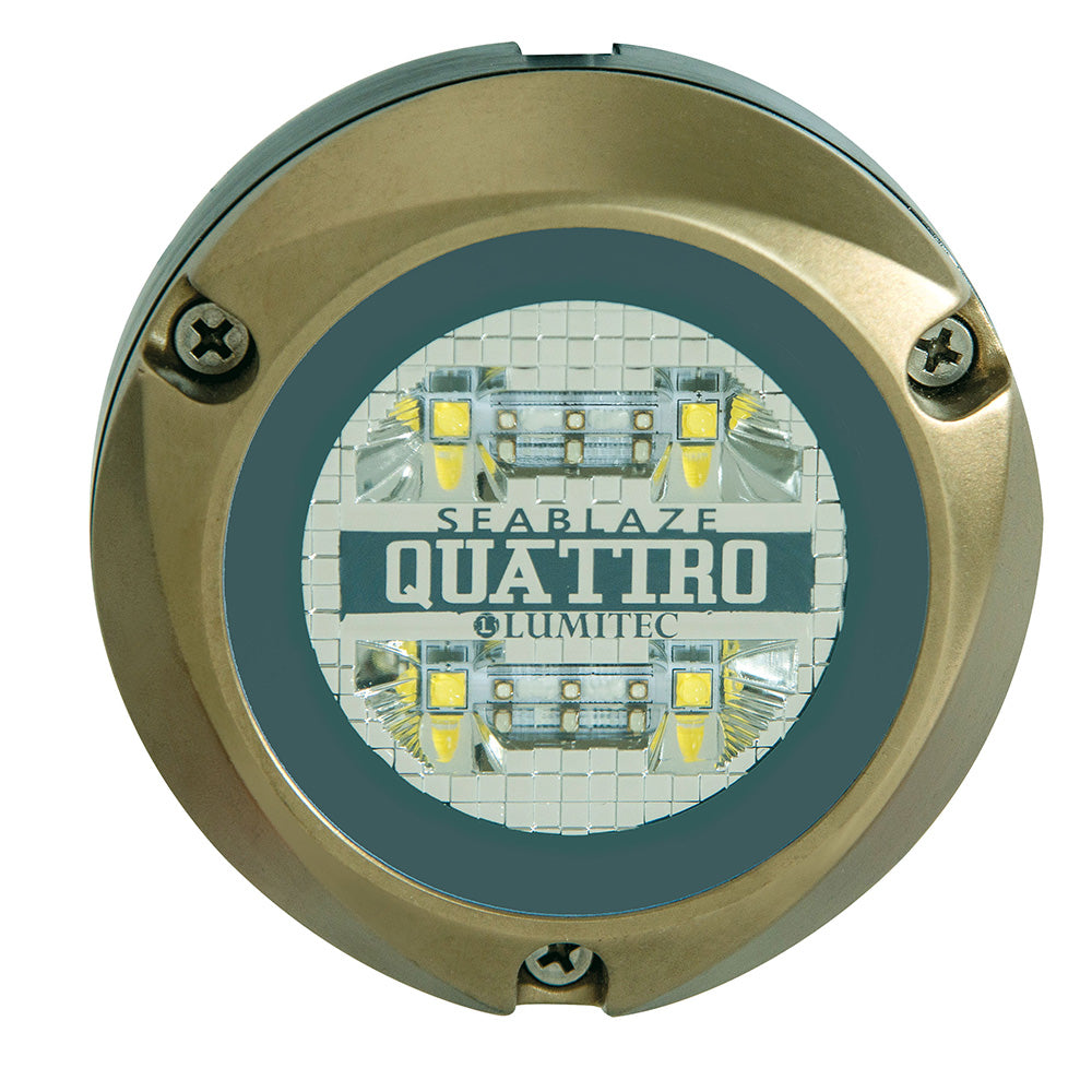 Seablaze Quattro LED marine light with gold housing and Lumitec branding, ideal for boat illumination.
