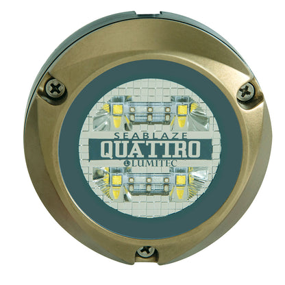 Seablaze Quattro LED marine light with gold housing and Lumitec branding, ideal for boat illumination.