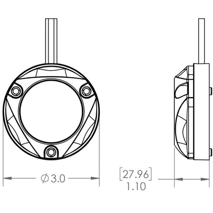 Technical diagram of a circular audio component with mounting dimensions for car audio installation